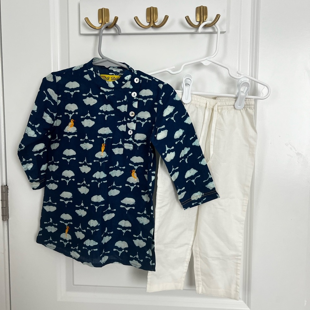 Tiber Taber Kids Indigo batik print bengali kurta set size 1-2 years